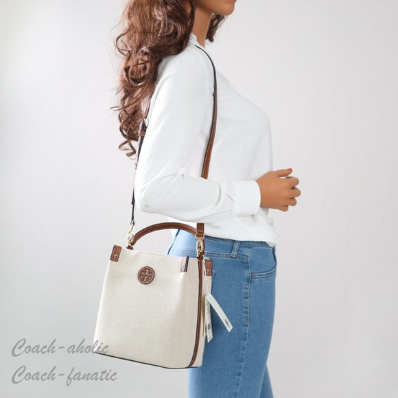 NWT Tory Burch Blake Canvas Bucket Bag Crossbody in Canvas/Classic Cuoio - Picture 3 of 12